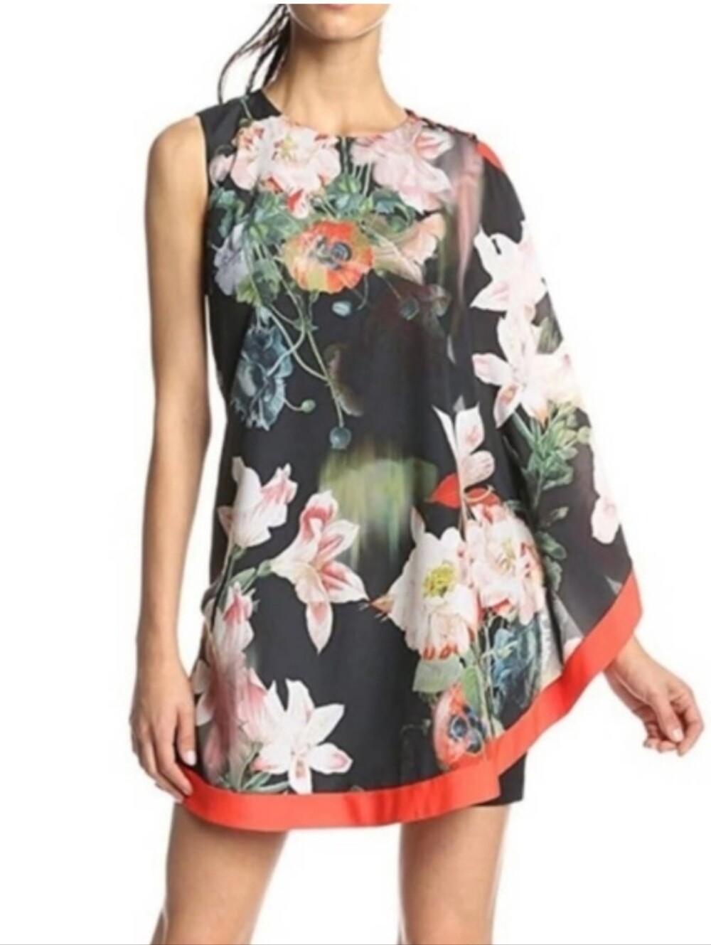 Ted Baker Candis Opulent Bloom Dress Asymmetric Flutter Front Floral Print Black